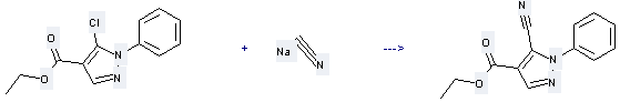 5-Chloro-1-phenyl-1H-pyrazole-4-carboxylic acid ethyl ester can be used to produce 5-cyano-1-phenyl-1H-pyrazole-4-carboxylic acid, ethyl ester with hydrocyanic acid; sodium salt